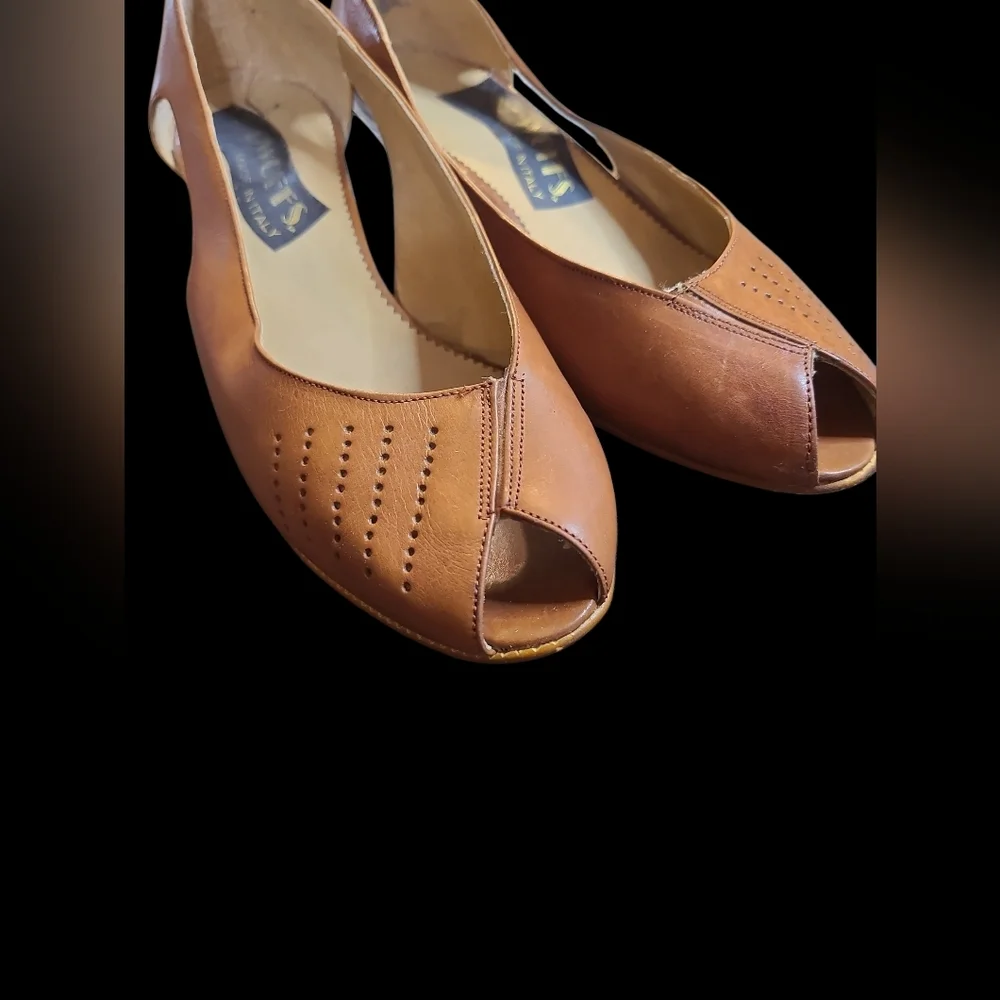 Brown Leather Peep-Toe Women's Flats